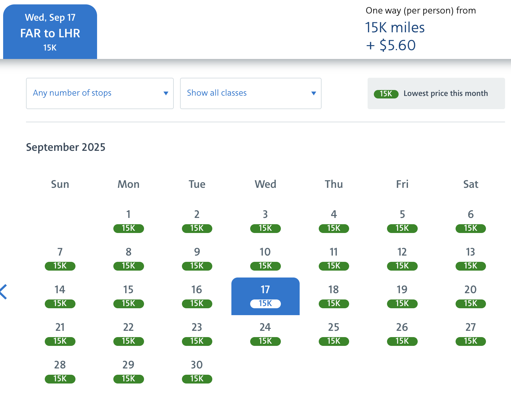 FAR-LHR American Airlines award calendar for September with every date pricing out at 15,000 miles one way. 